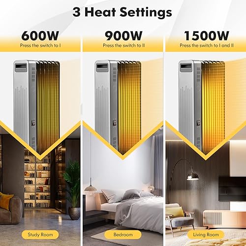 Miniatura 3 de Tangkula Calentador de radiador lleno de aceite de 1500 W, calentador de espacio eléctrico con 3 ajustes de calor, protección contra
