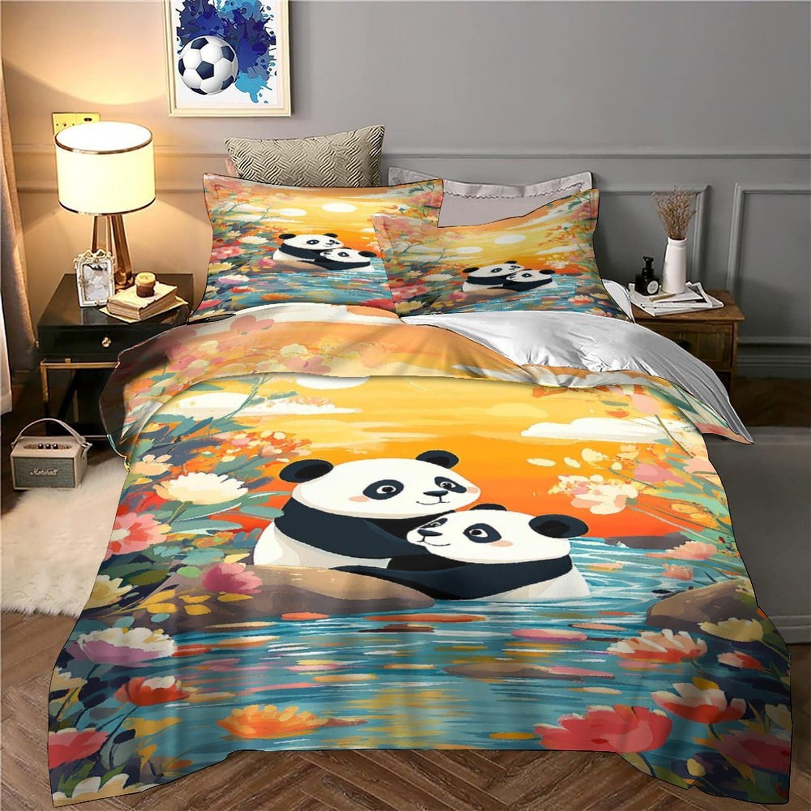 Panda-Pärchen 3D-Bedruckt 3er-Set Steppbezug Cartoon-Blumenszene Bettbezug Mikrofaser Hypoallergen Staubmilbenfest für Jungen Mädchen Erwachsene Super King（260x220cm）