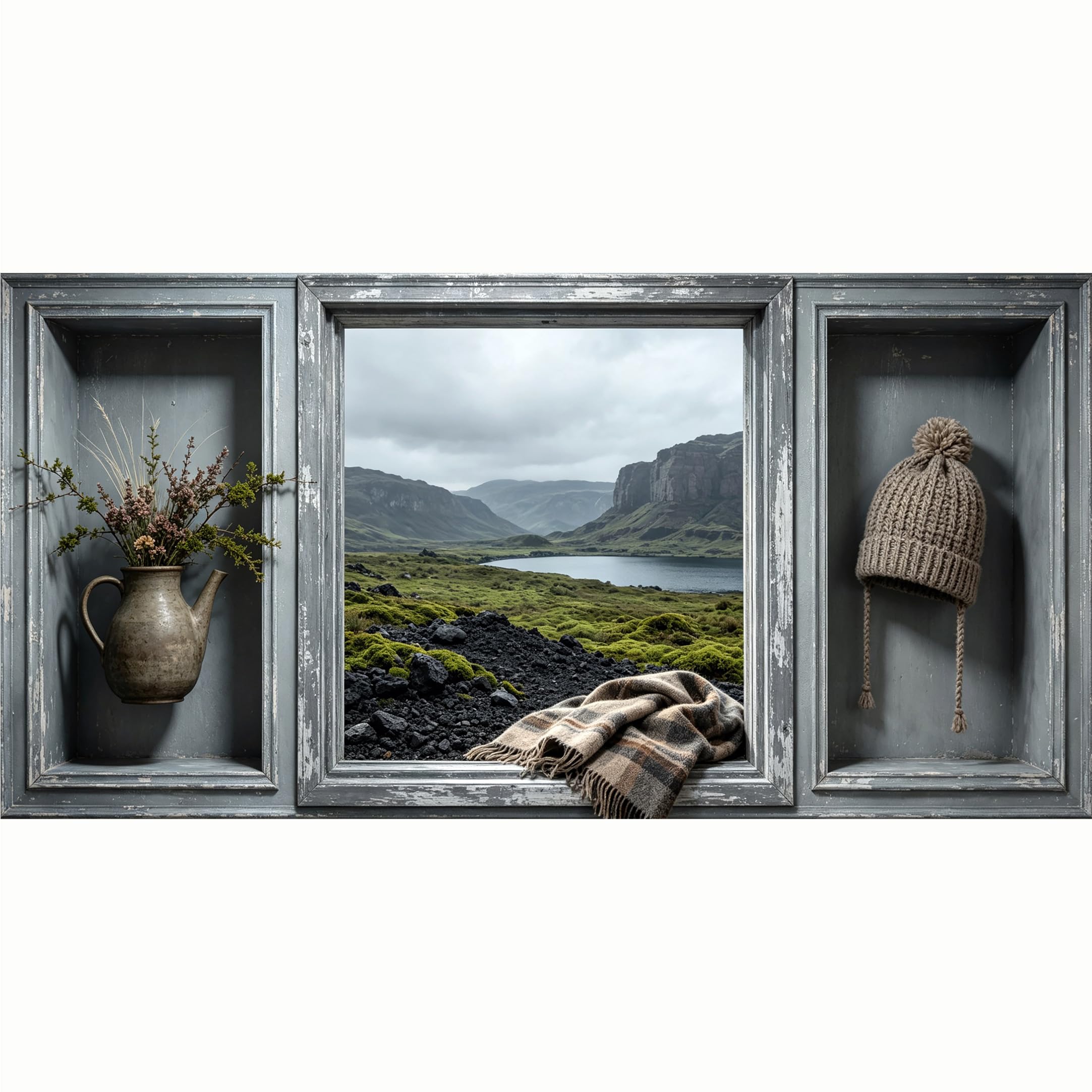 QZLITHOTIC 50x100cm 3D Framed Wall Art， Mountain Lake Landscape Scenery Self‑Adhesive Mural， Water‑Activated Peel & Stick Fabric Decor Wall Decal for Bedroom Living Room