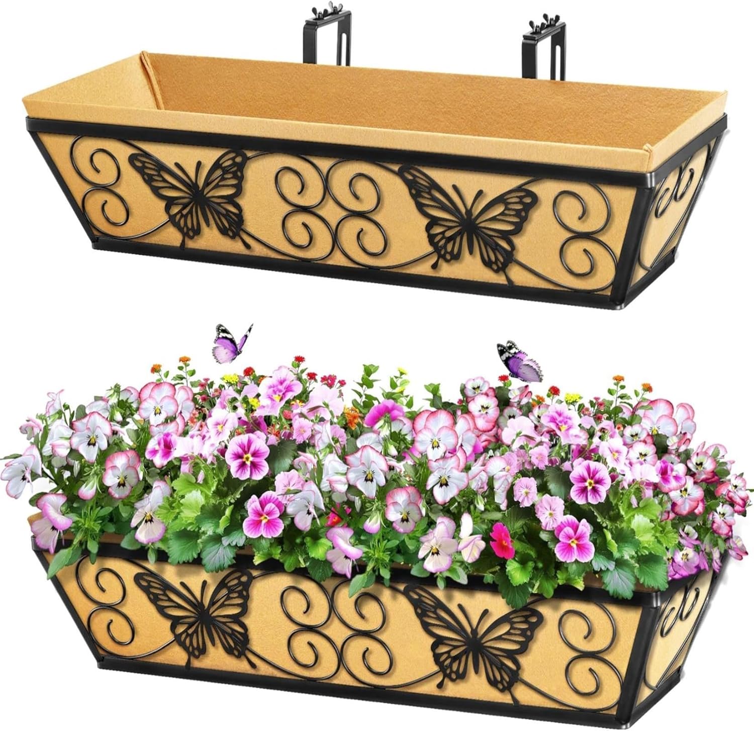 2 Pack 24 Inch Window Boxes Planters Railing Planter Box with Adjustable Brackets for Porch Fence Patio Balcony Hanging Flower Baskets with Woven Fabric for Outdoor Garden Decor - Black