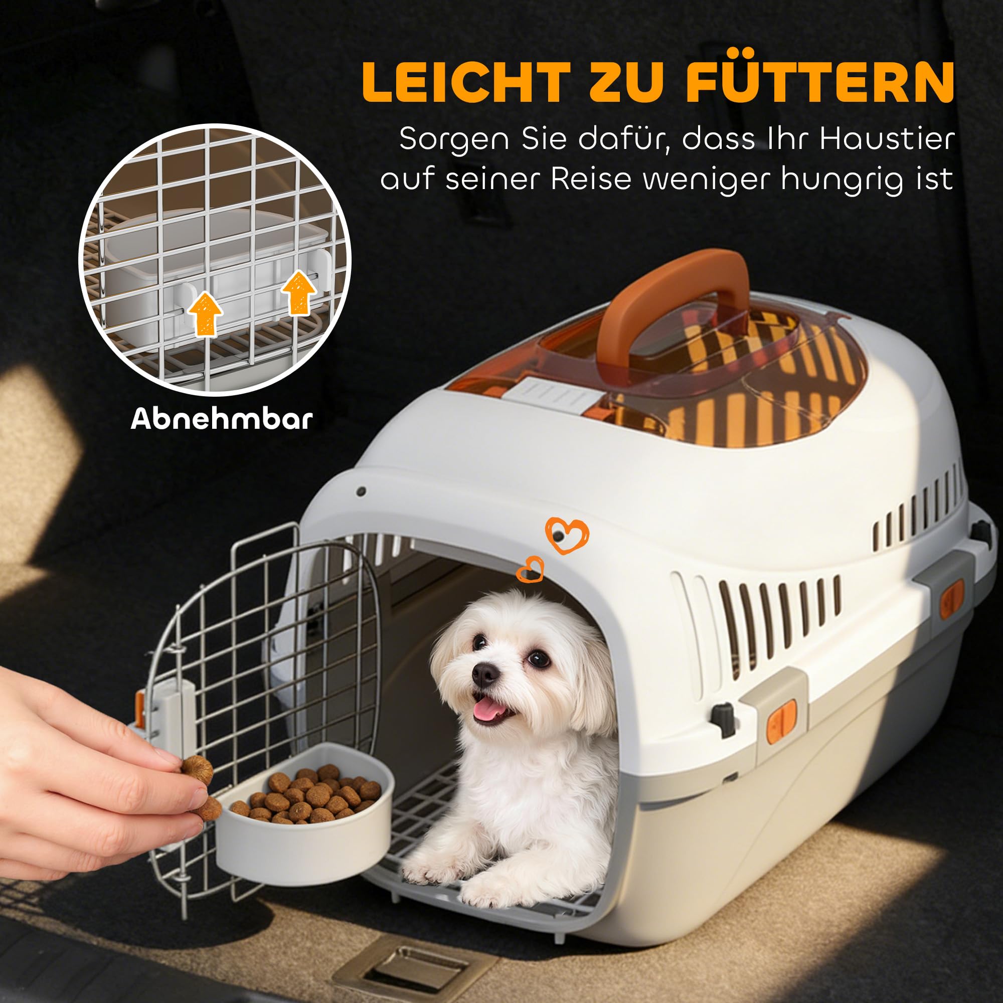 PawHut Transportbox Hundetransportbox für Katze Miniaturhunde bis 4kg 49x32x31cm Hundebox mit Dachöffnung Futternapf Sicherheitsverschluss Katzenbox aus Kunststoff mit Stahlgitter Hellgrau