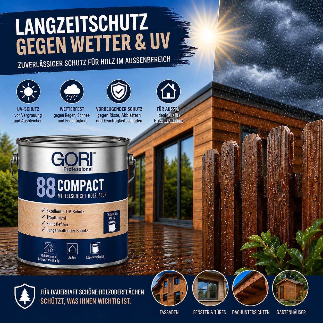 GORI 88 Premium Holzlasur außen, Eiche Hell, 2,5 L + Profi Pinsel | Holzschutzlasur außen wetterfest & Lasurpinsel I Wetterschutzfarbe Holz außen & Garten I Holzfarbe außen wetterfest