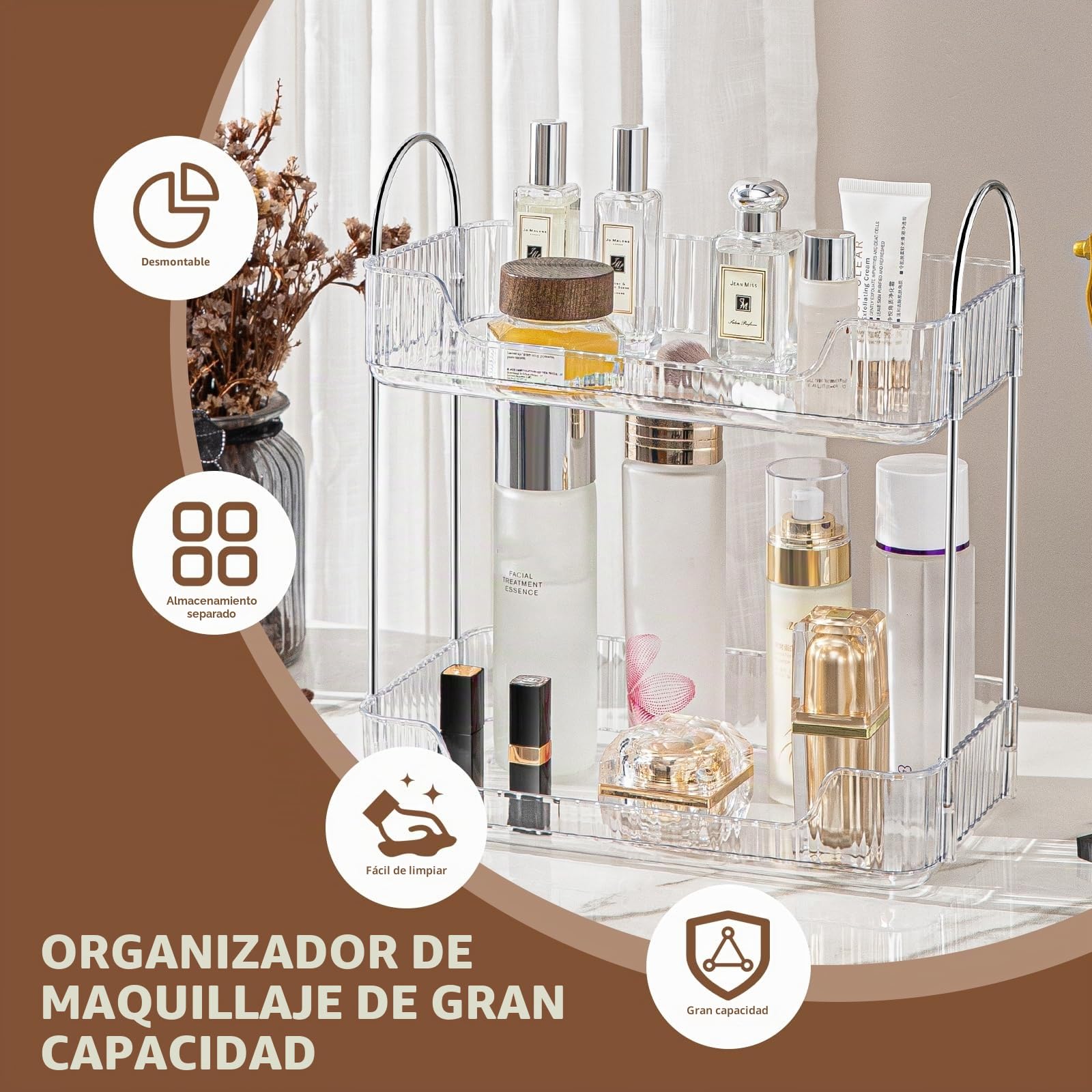 Organizador de Maquillaje, Organizador de Cosméticos, Organizador Perfume, Organizador de Bandeja de Cosméticos de Alta Capacidad para Baño (2 Capas, Transparente)