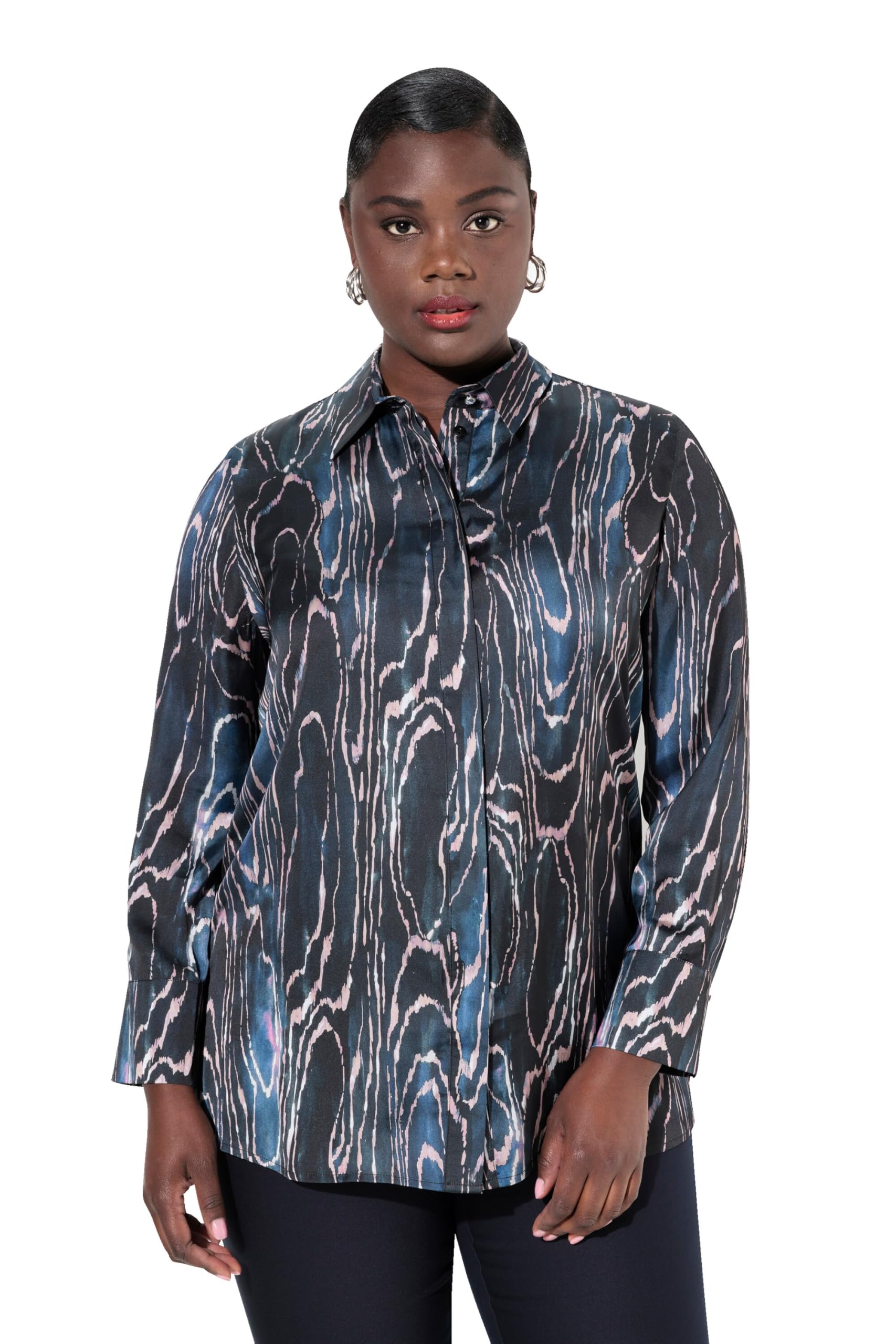 Ulla Popken Damen große Größen Übergrößen Plus Size Seidenbluse, gerundeter Saum, Hemdkragen, Langarm 834595
