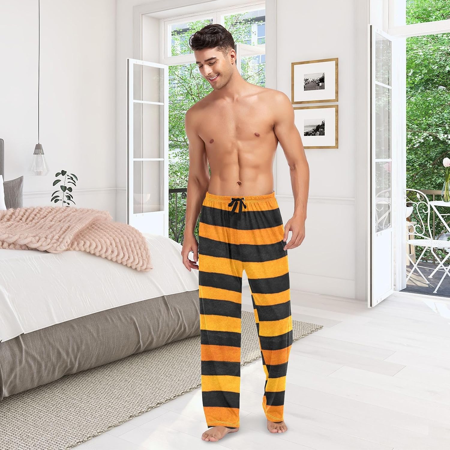 susiyo Halloween Orange Black Stripe Mens Pajama Pant Loose Fit Thin Pj Bottoms for Men