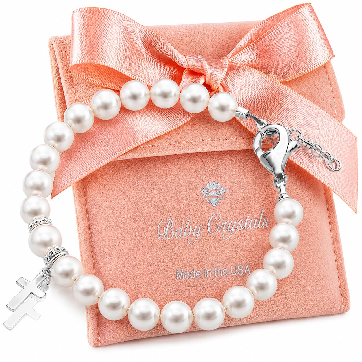Baby Crystals Baptism Christening White Pearl Bracelet Sterling Silver