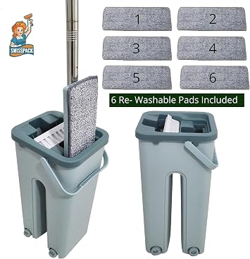 SWISSPACK Floor Mop and Bucket Set − Easy and Simple Squeeze Mop Bucket, Flat Mop with 6-Pack Replacement Machine Washable Microfibre Mop Pads for All Floors Types Green