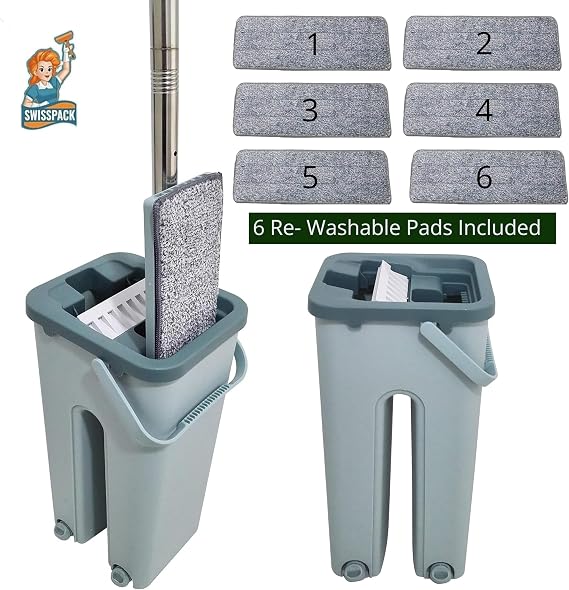 SWISSPACK Floor Mop and Bucket Set − Easy and Simple Squeeze Mop Bucket, Flat Mop with 6-Pack Replacement Machine Washable Microfibre Mop Pads for All Floors Types Green