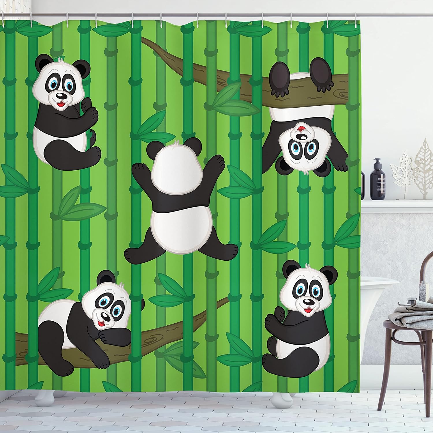 Ambesonne Panda Shower Curtain, Happy Playful Pandas Climbing on Exotic Trees in Forest Cartoon Artwork, Cloth Fabric Bathroom Decor Set with Hooks, 69" W x 75" L, White Black and Green
