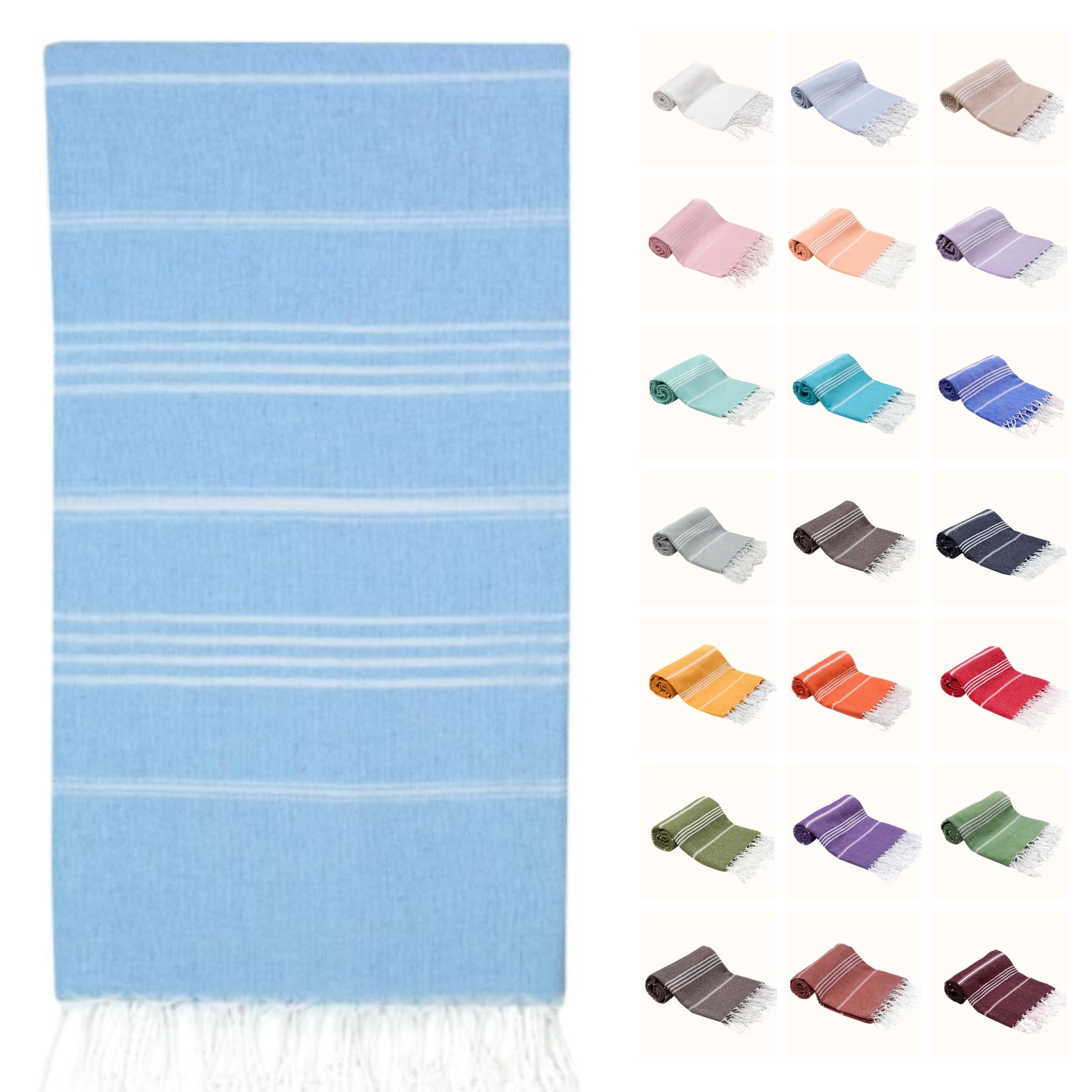 Park & Oz Turkish Peshtemal Beach Towel - 100% Cotton, Lightweight, Fast Drying, Oversized (Light Blue)