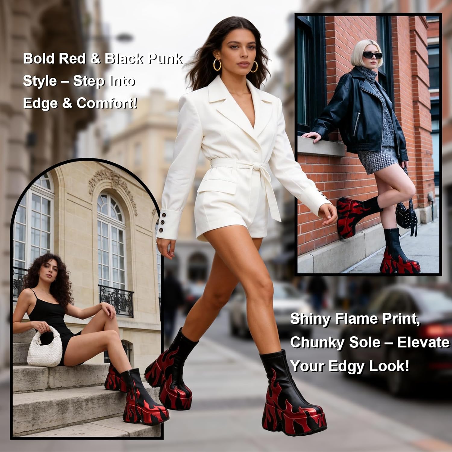 HiColor Women's Red Flames Printing Chunky Sole Boots, Ankle-High, Zipper Closure, Round Toe, Platform Heel, All-Season, Women's Casual Boots - Image 4