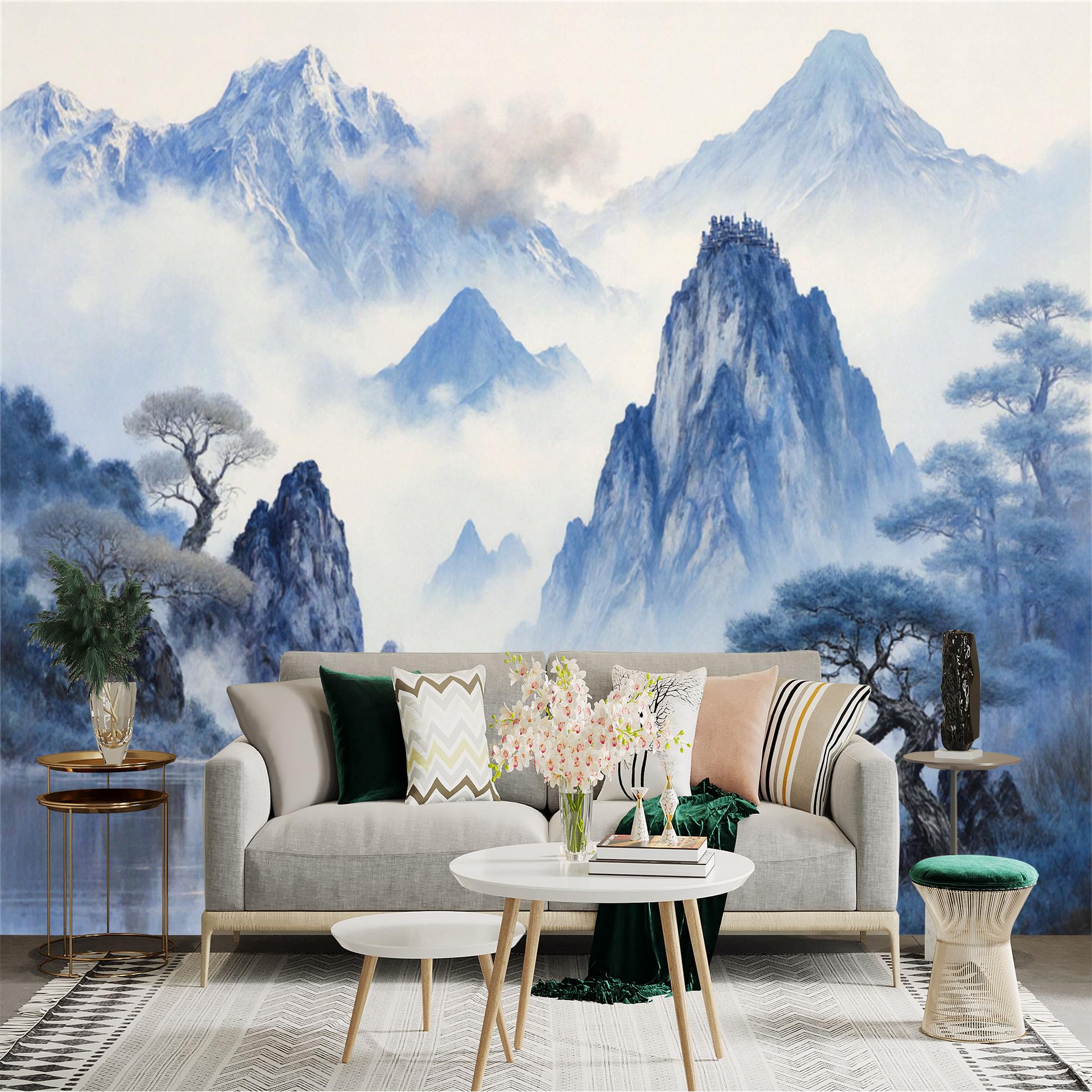 Lnzczhyre Xc260505025 Custom Size Wall Sticker Mural， Misty Blue Mountains， Ethereal Landscape， Serene Pine Trees By Lake， For Wall Decoration， Peelandstick Wall Decals.