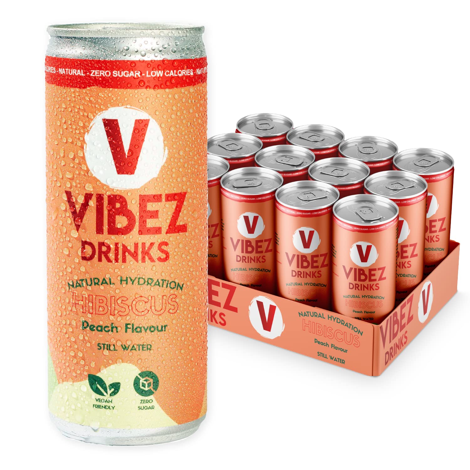 Vibez Drinks Natural Flavoured Still Water | Peach & Hibiscus | Zero Sugar & Low Calorie | Keto, Vegan & Gluten Free | 24 x 250ml Cans
