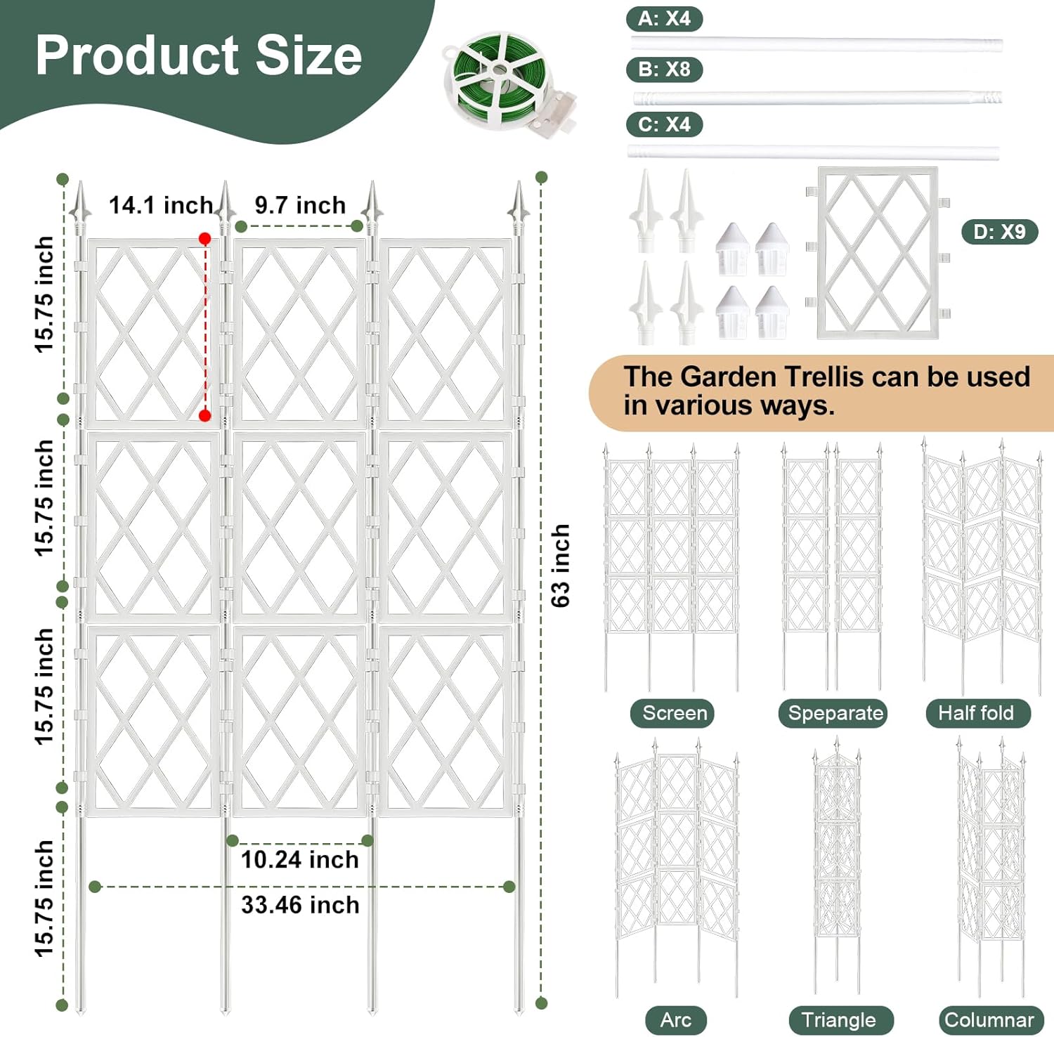 5.25FT Garden Trellis Support Fence,Metal Wall Lattice Climbing Frame for Climbing Plants Outdoor, White Iron Pipe Fence for Potted Plants Indoor for Ivy Vines Vegetable Flower, Patio, Lawn, Yard