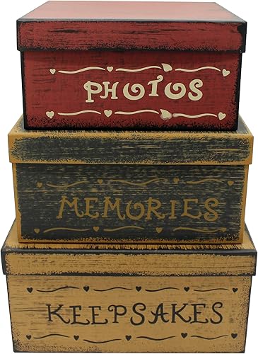 Miniatura 2 de CVHOMEDECO. Primitive Vintage Cuadrada Fotos, Recuerdos, Recuerdos Cajas de cartón Nido Grandes, 11 X 11 X 5-12 pulgadas. Juego de 3.