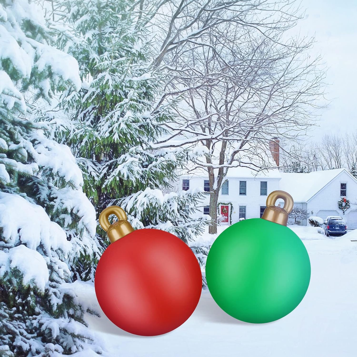 KAHEIGN 2 Piezas Bolas Inflables Gigantes de Navidad, 60CM Roja Verde Bola Decorativa Inflable Adorno Navideño de PVC para Navidad Interior Exterior Hogar Jardín Césped Patio Porche Decoración