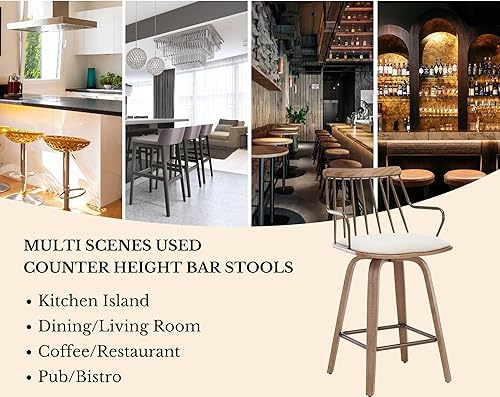 Miniatura 7 de HNY Juego de 2 taburetes de bar giratorios de altura de mostrador, taburetes de bar tapizados de lino beige con respaldo y brazo de 26 pulgadas,