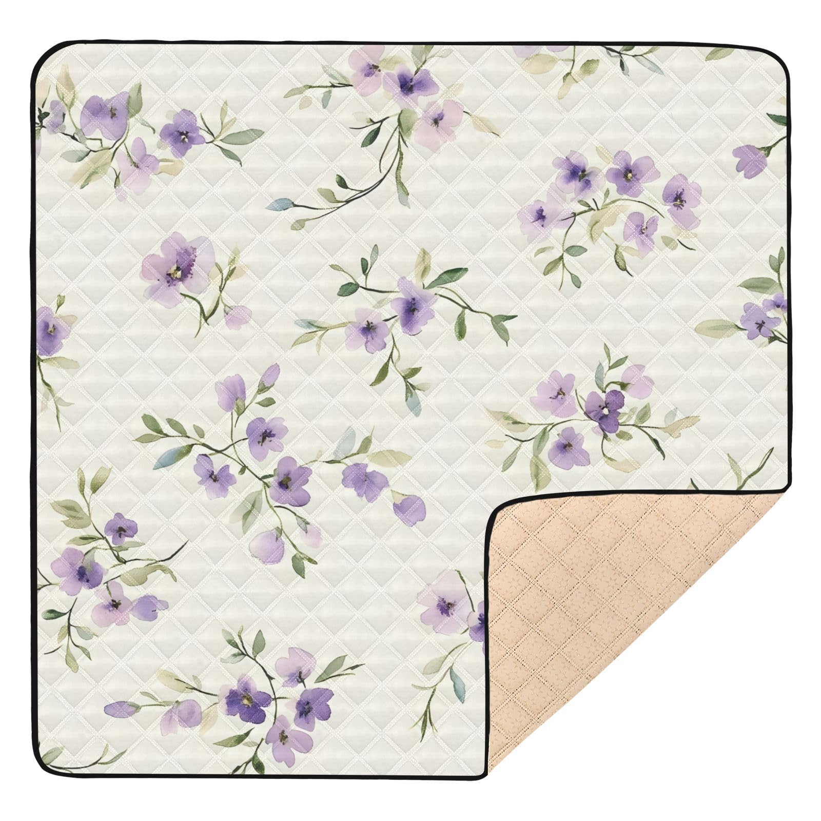 BOESI Watercolor Purple Flower Pattern Baby Play Mat, 50“ X 50” Washable Folding Crawling Mat, Baby Floor Mat, Soft, Thick, Non-Slip