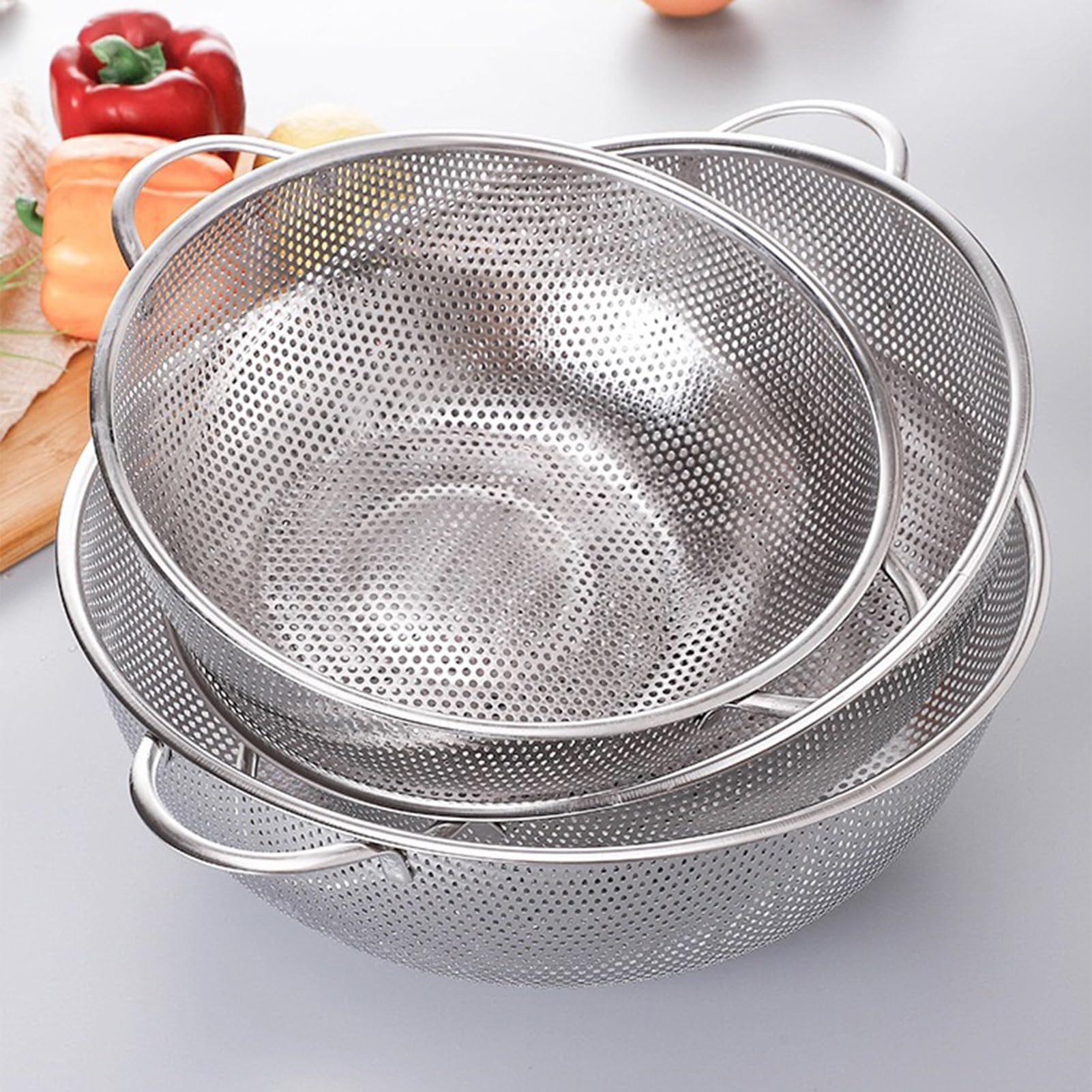 3 coladores de pasta de acero inoxidable, 19,5 + 25,5 + 31,5 cm, acero inoxidable, colador de cocina, colador fino, colador de acero inoxidable, colador fino, colador de acero inoxidable
