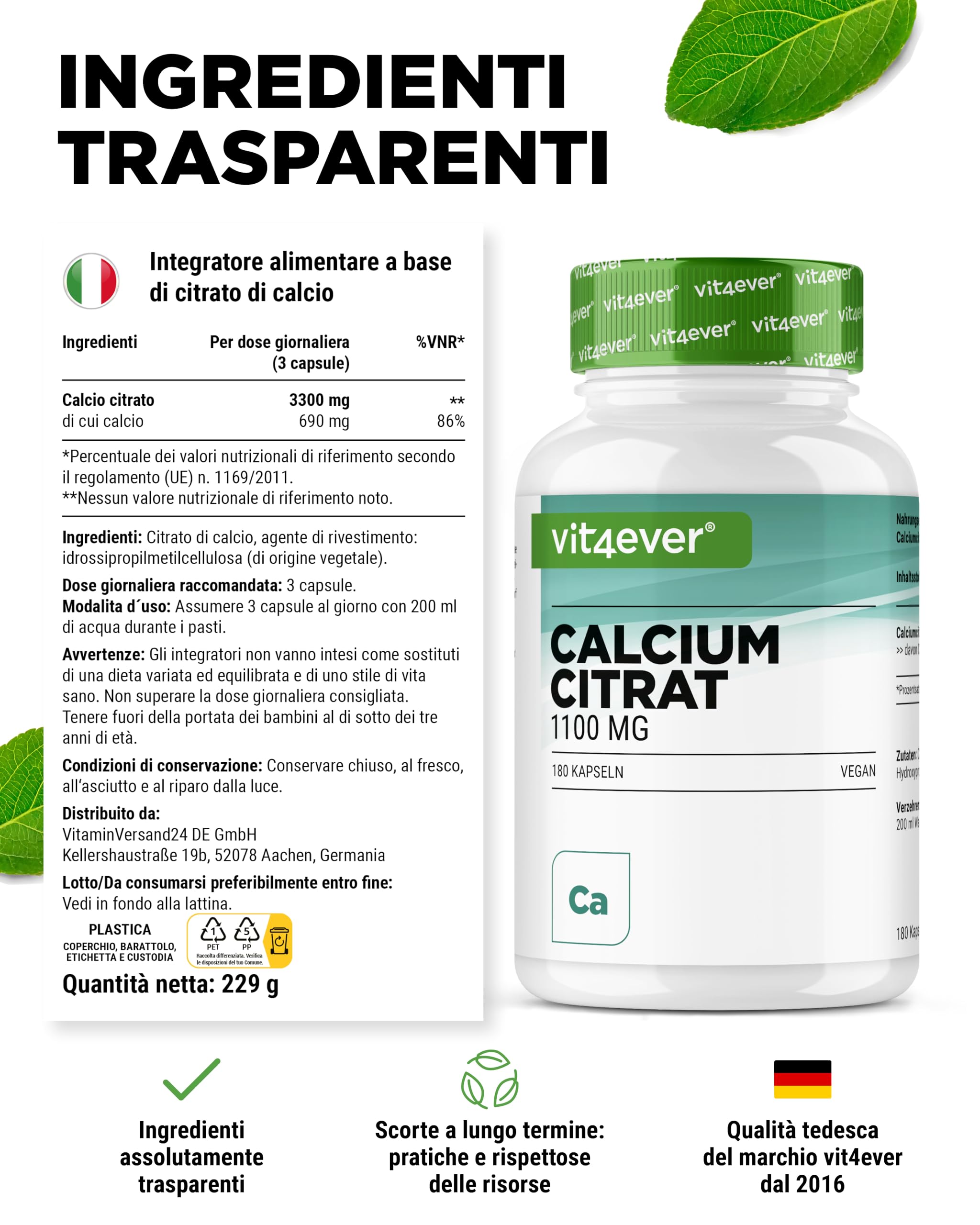 vit4ever Calcio Citrato - 180 Capsule - Alto Dosaggio con 1100 mg per Capsula - scorta per 2 mesi - Elevata Biodisponibilità - Calcio per Ossa, Denti e Metabolismo Energetico - Vegano