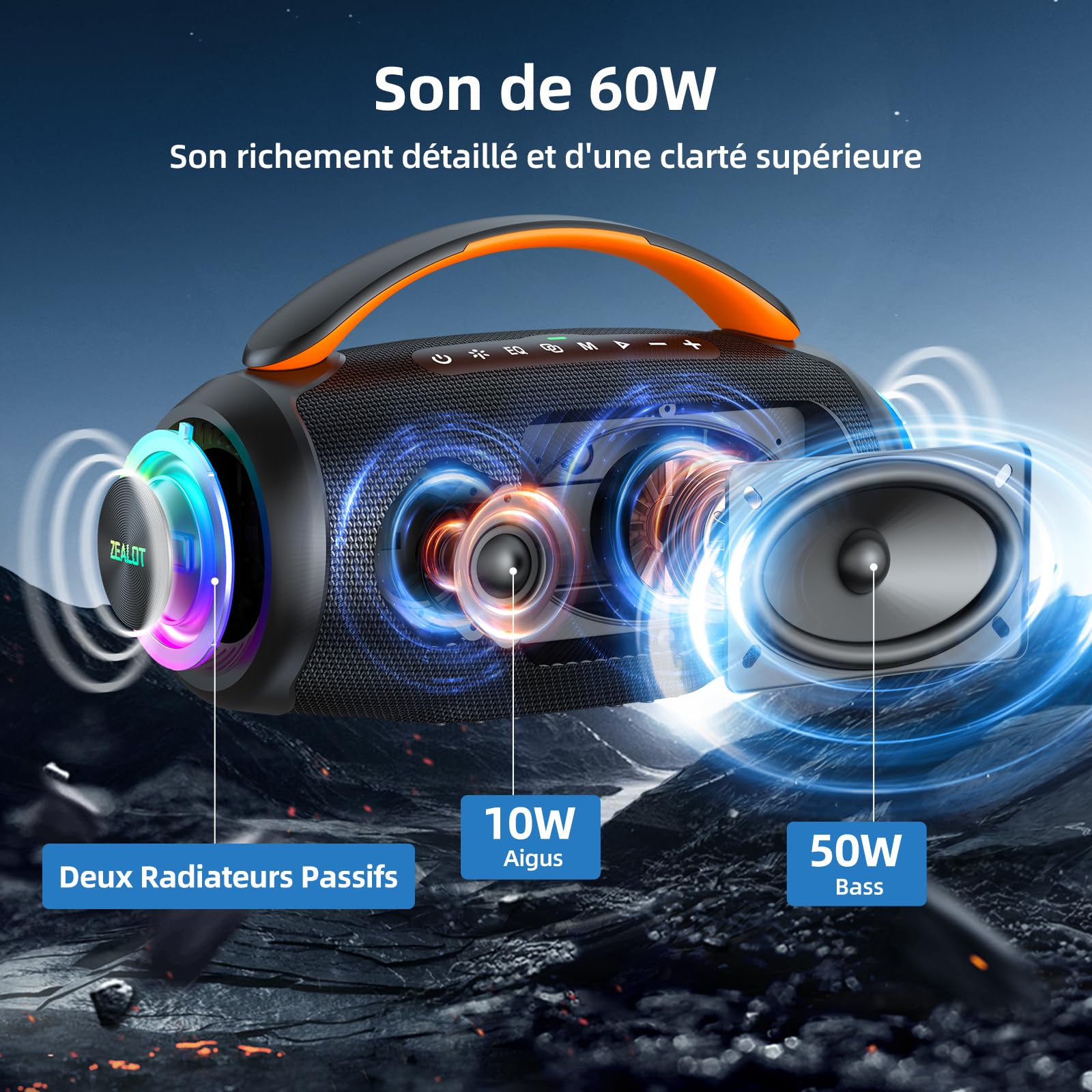 ZEALOT Enceinte Bluetooth Portable 60W sans Fil avec Basses Renforcées, Lumière LED, 20H, IPX6, AUX, TF Carte, Surround Stéréo, Haut Parleur Bluetooth 5.3, pour Fêtes/Voyage/Extérieur/intérieur, Noir