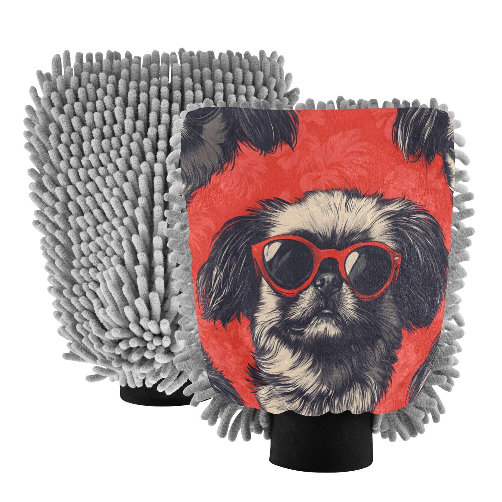 STAYTOP Dog Wearing Cool Sunglasses Car Wash Mitt Microfiber, 2Pcs Scratch Free Lint-Free, Premium Chenille Microfiber Mitt Car Wash Brush-L