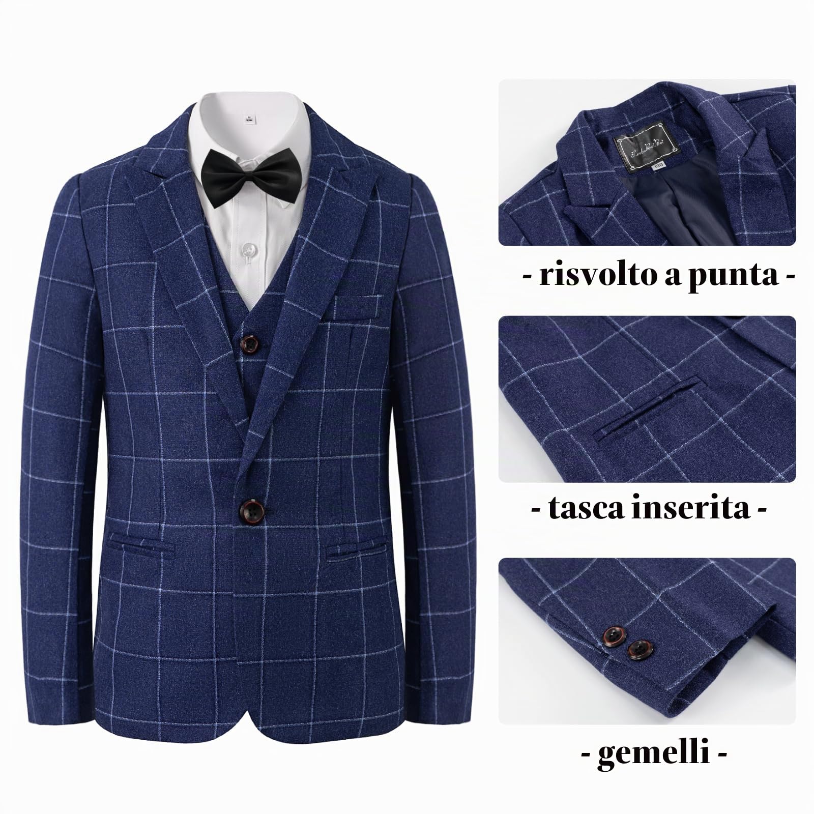 LOLANTA Abito da Cerimonia per Bambino 5 Pezzi, Completo a Quadri per Matrimonio, Compleanno e Ballo, Giacca, Gilet, Pantaloni, Camicia e Papillon