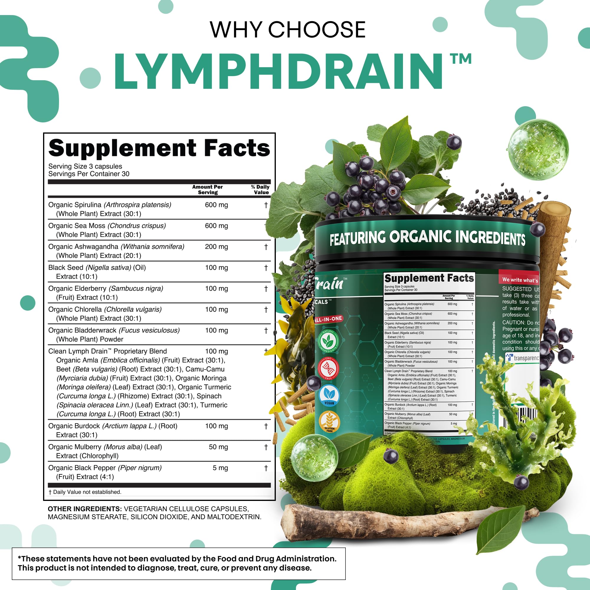 Organic Lymphatic Drainage Supplements | Elderberry Bladderwrack Burdock Root Black Seed Oil Spirulina Sea Moss Ashwagandha Chlorella Amla Beet Moringa Chlorophyll Lymph System Capsules By Clean Nutra — Amazon image 5