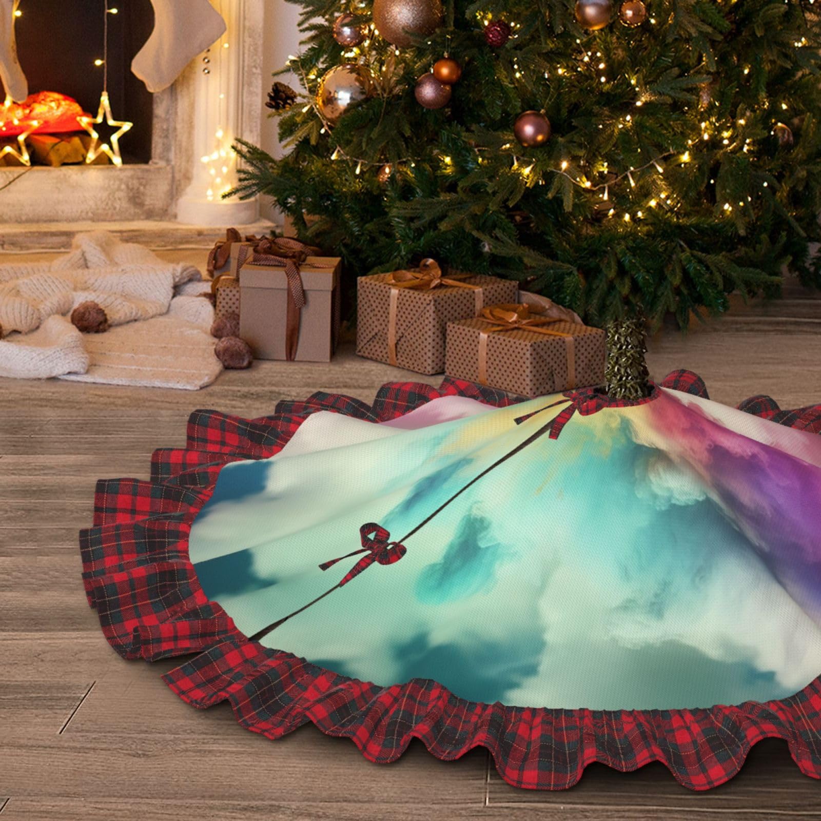 Ornements de sapin de Noël rustiques et tapis de fête imprimé