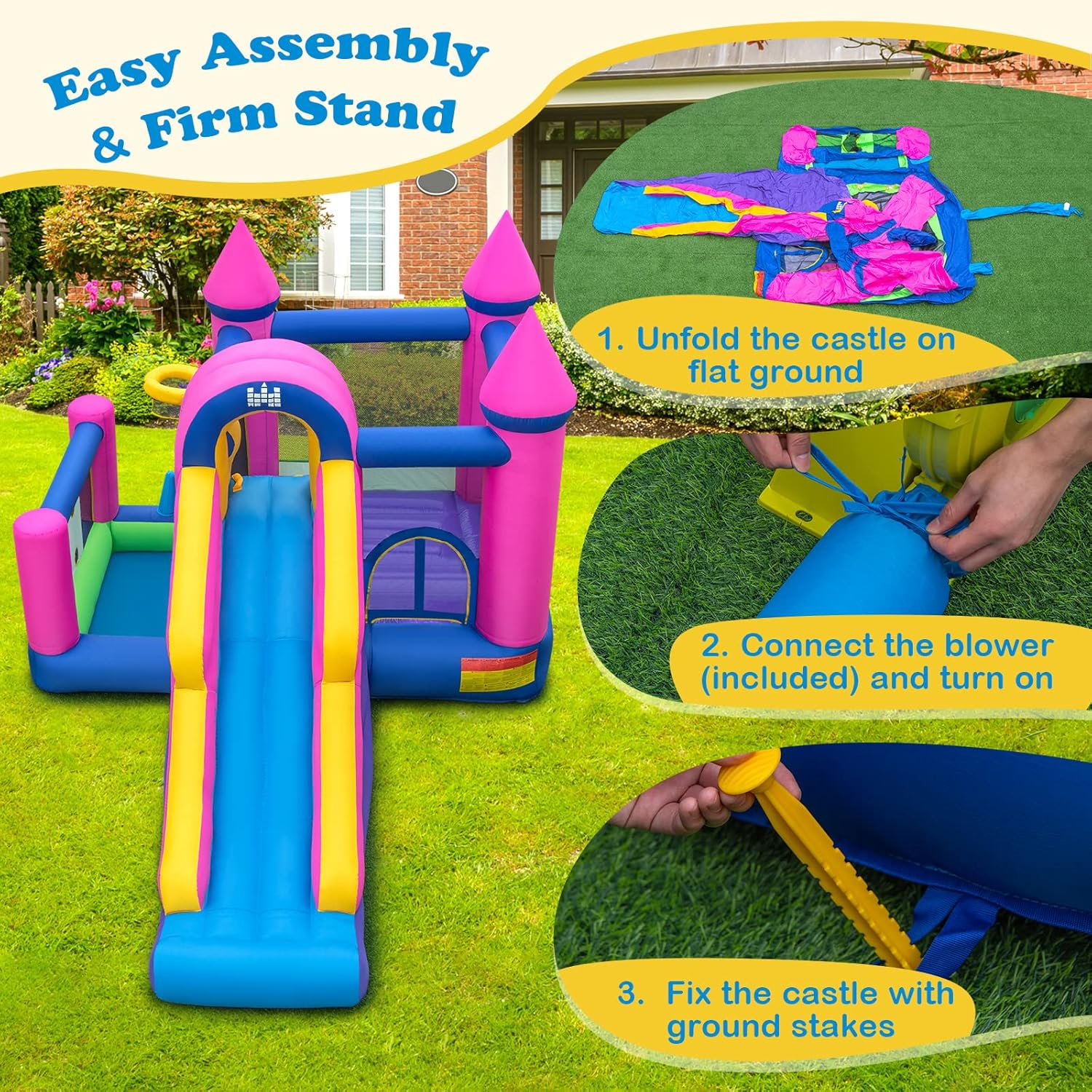 GLACER Inflatable Bounce House, Princess Jumping Castle Air Bounce Playhouse for Kids w/Long Slide, Jumping Area, Splash Pool, Outdoor Jumping House w/Repair Kit, Ground Stakes, 735W Blower