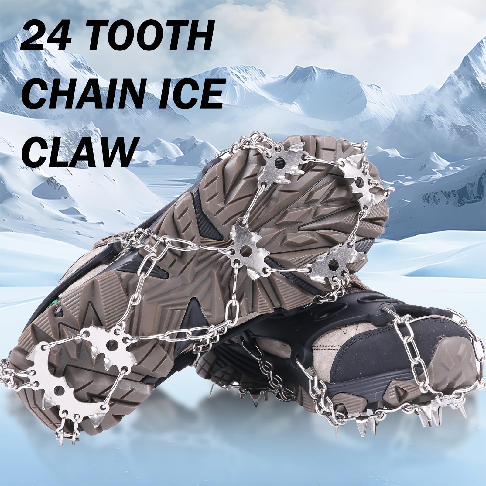 Crampons à glace antidérapants à 24 pointes pour chaussures et bottes avec pointes en acier inoxydable et silicone pour homme et femme pour randonnée, jogging, escalade, pêche