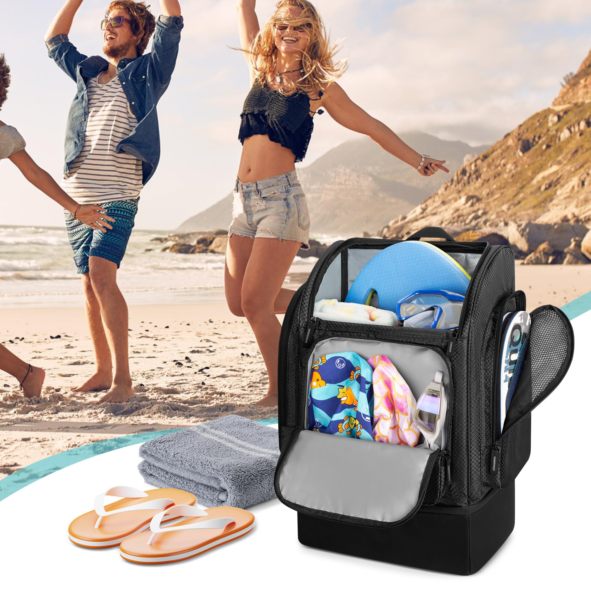 Fasrom Zaino Rete Spiaggia con Scomparto Frigo Isolato, separazione bagnato asciutto Zaino Termico Spiaggia, capiente borsa a tracolla per nuoto, piscina, picnic o sport