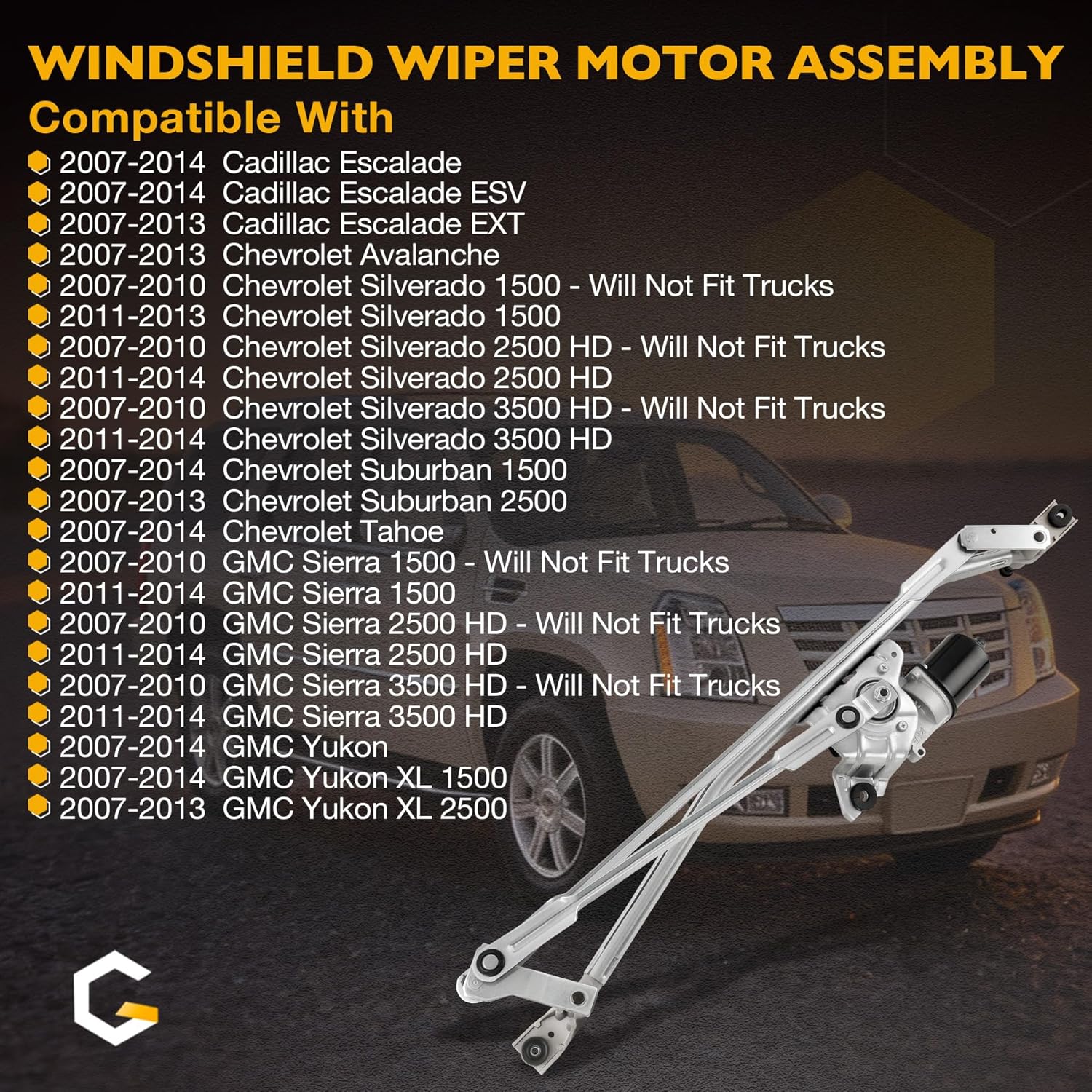 Gledewen 602-230AS Windshield Wiper Motor & Linkage Assembly Compatible with 07-14 Cadillac Escalade / 07-13 Chevrolet Silverado / 07-14 GMC Sierra 1500/2500 HD/3500 HD Replace 602230AS 15846942