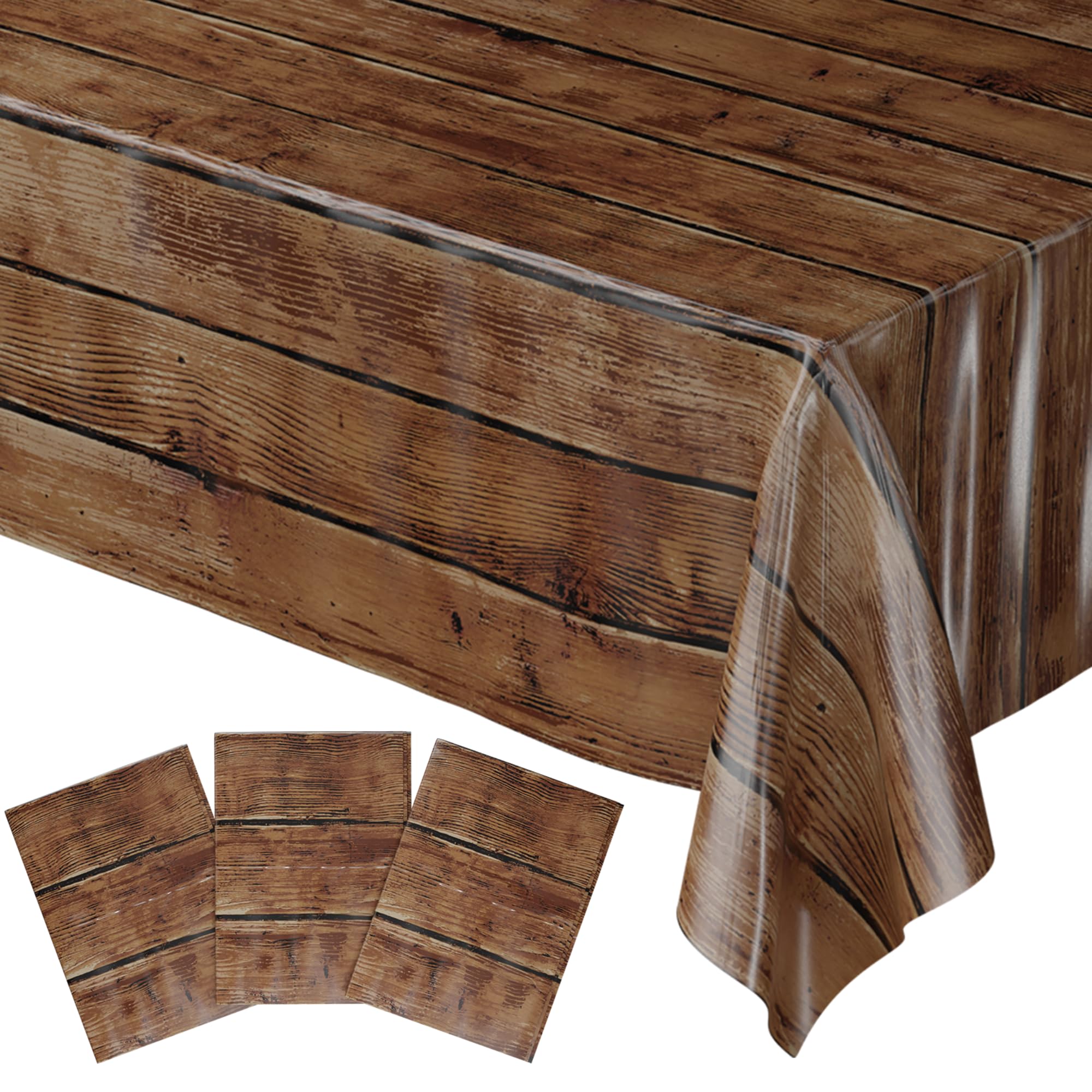 Blue Orchards Wood Grain Table Cover (Pack of 3) - 54" x 108" XL - Plastic Table Cloth Rectangle, Western Themed Party Decorations, Rustic Tablecloth,