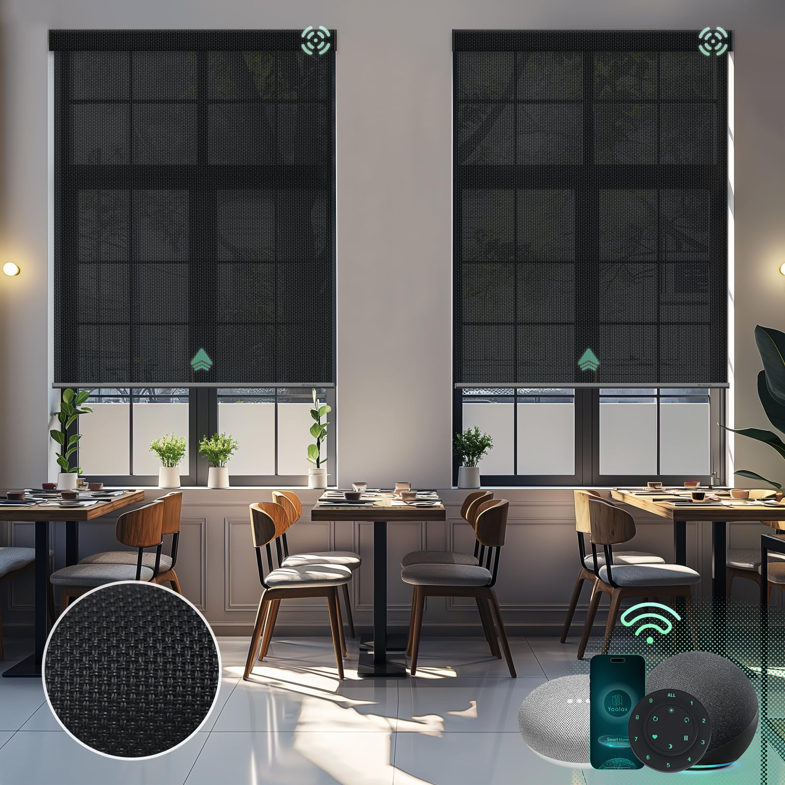 Yoolax Motorized Solar Shade Romote Control Light Filtering Roller Blinds Transparent Sight Auto Window Blinds (Black)