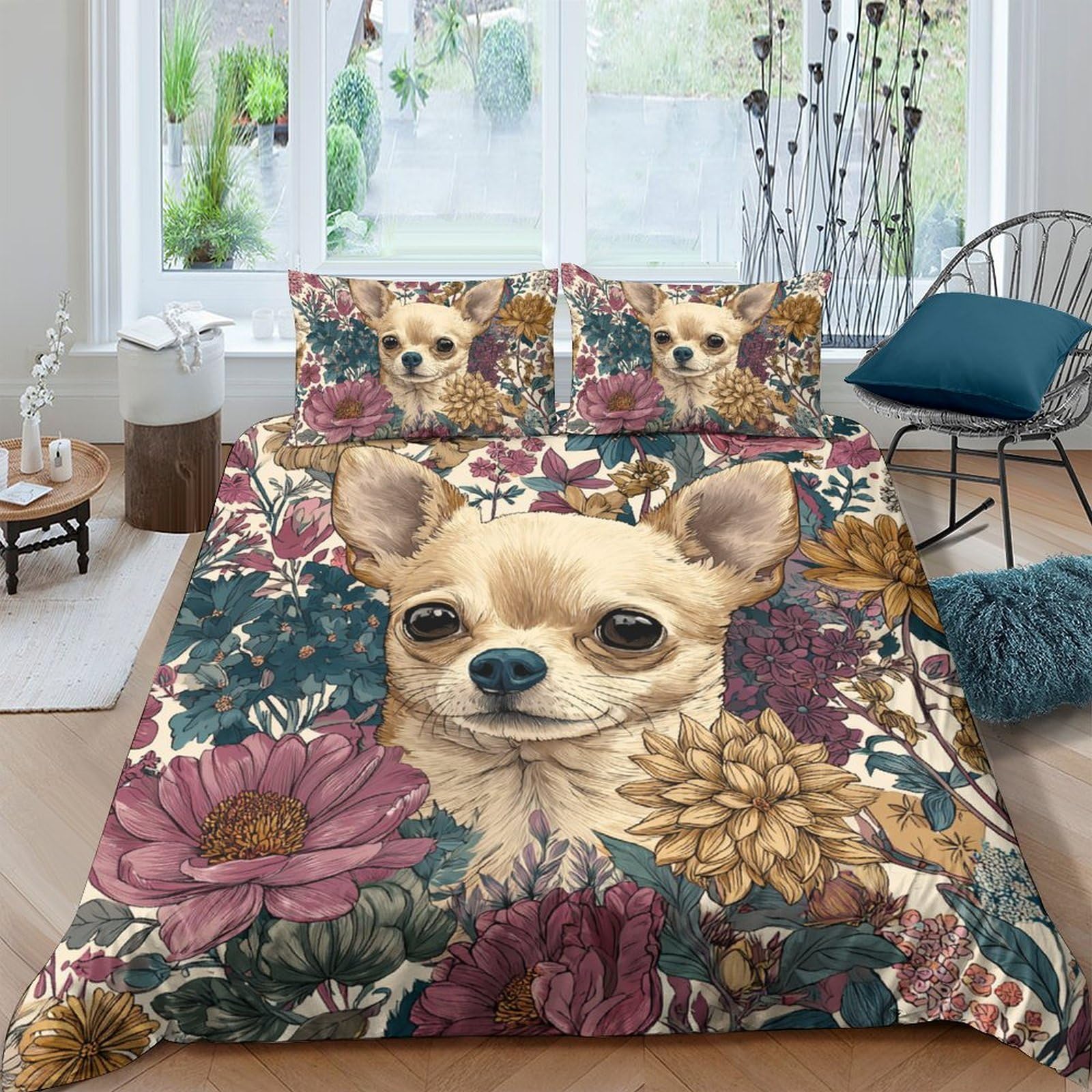 Ctjqhvkz Style-7 3D Printed Chihuahua Floral Fitted Sheet Microfiber Soft Breathable Flower Bed Cover For Bedroom Guest Room Decor Single（135X200cm）