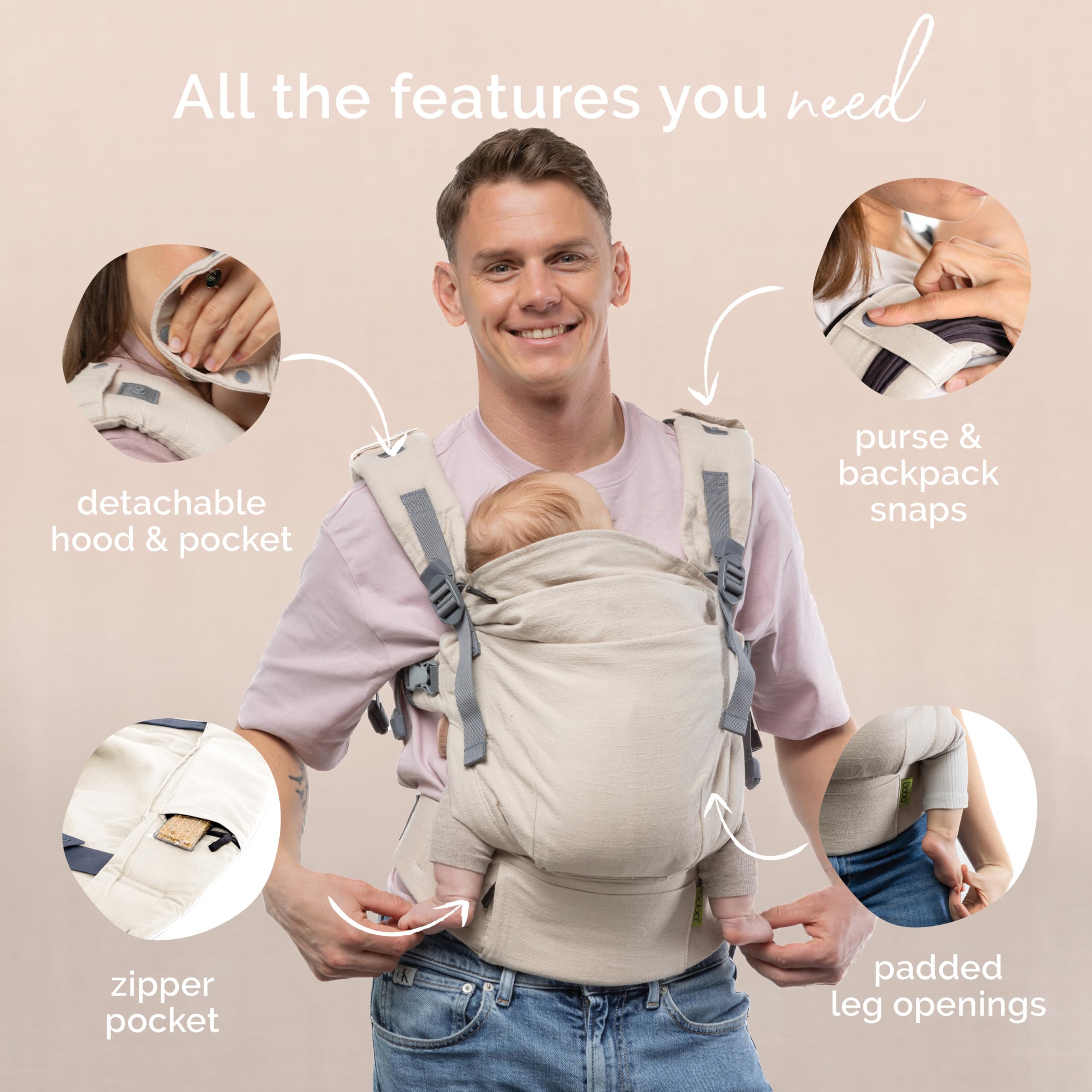 Boba X Baby Carrier Newborn to Toddler - Adjustable Front and Backpack Carrier Petite to Plus Size 7-45 lbs, Ergonomic Baby Carrier with Crossable Straps - Breathable Linen Blend - Linen Pampas — view 5