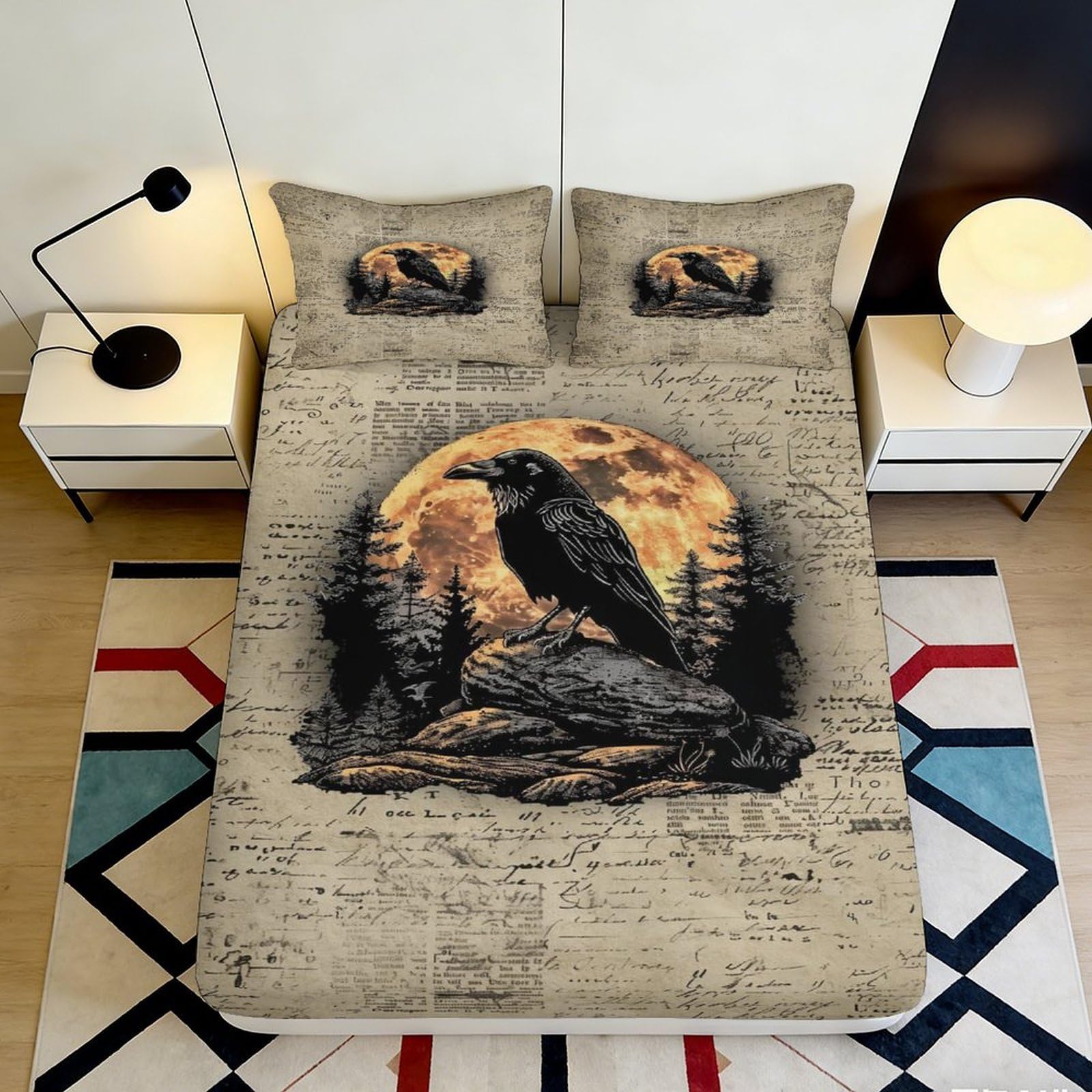3D Printed Raven Moon Fitted Sheet Microfiber Soft Breathable Forest Sunset Mattress Cover for Bedroom Dorm Decor 90x200x25cm