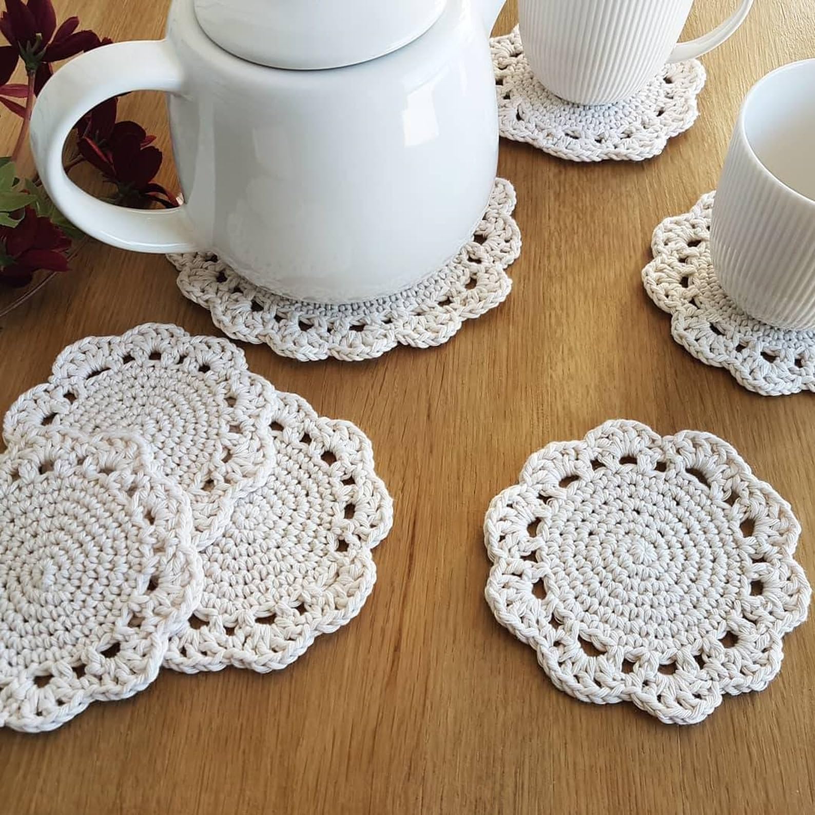 Crochet Tea/Drink Coaster Set of 6+1, Cotton Denim Kitchen Decor, Gift for Mommy, Granny, or Hostess, Crocheted Tea Set-image-18