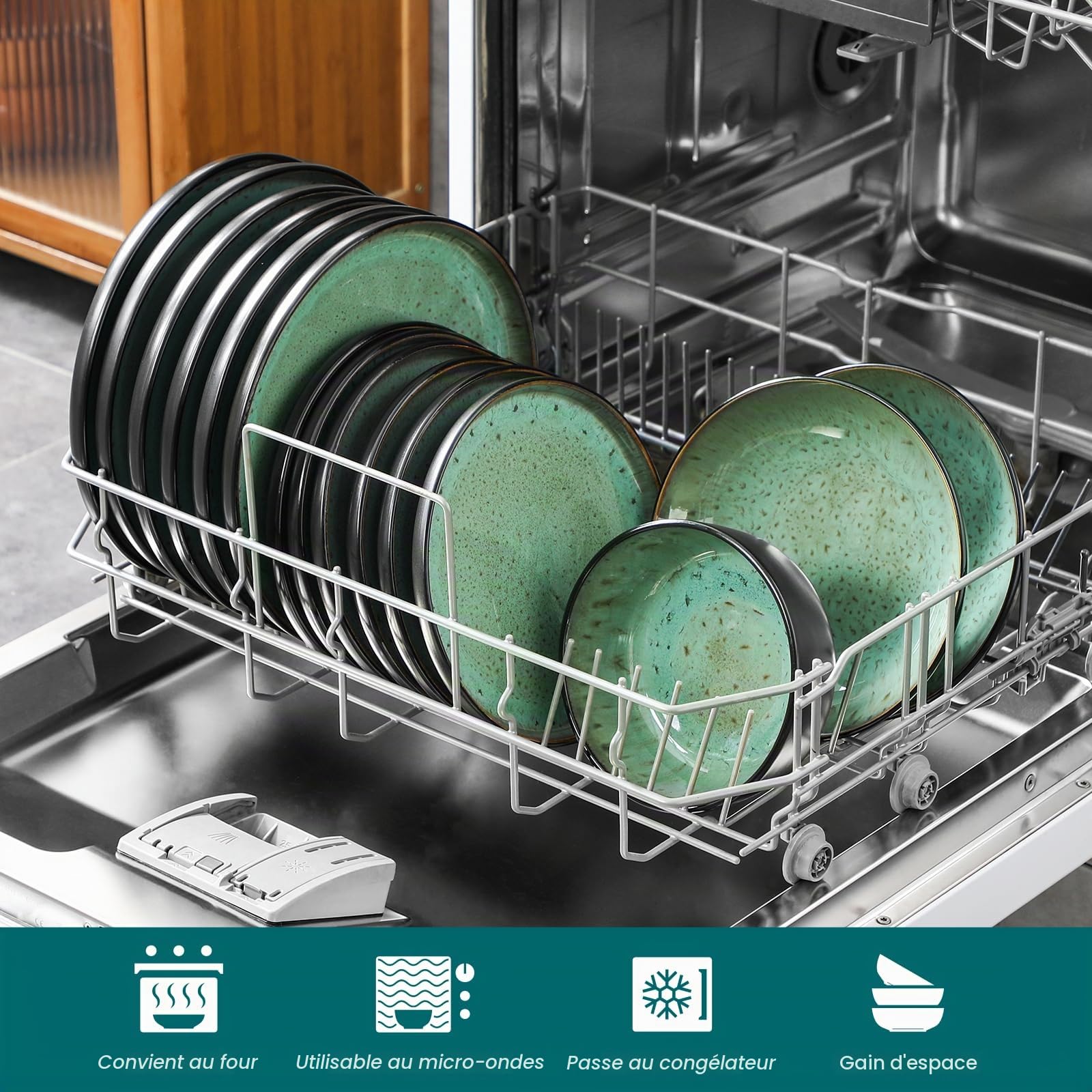 vancasso AMBER Service Vaisselle 6 Personnes, Ensemble Assiettes de Table 24 Pièces en Grès - Assiettes Plates, Assiettes à Dessert, Bols à Pâtes et Bols - Adapté au Micro-Ondes - Glaçure Vert