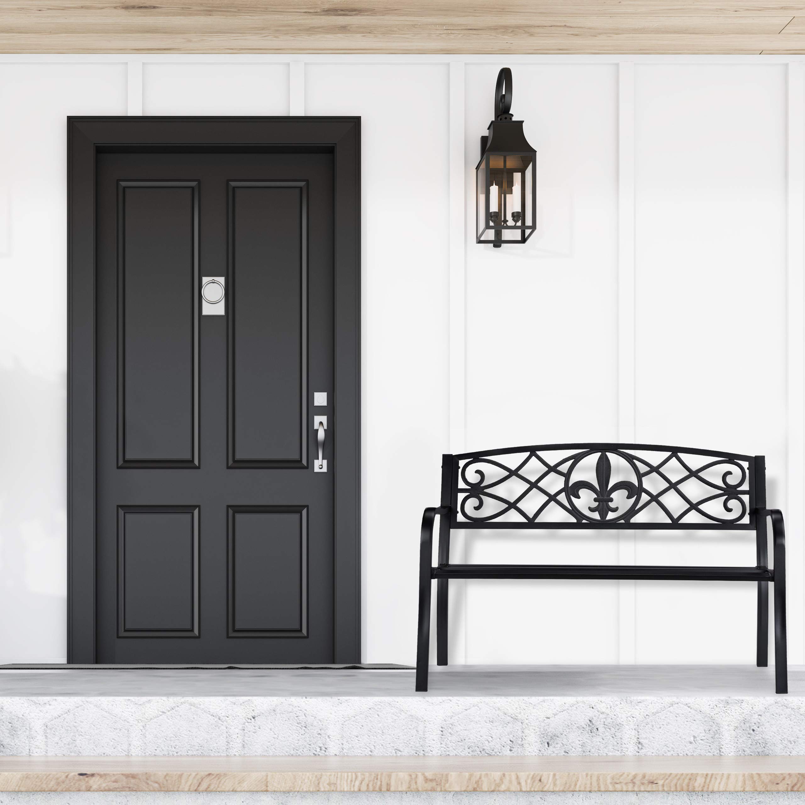 Relaxdays Panca da Giardino, con Giglio Decorativo, a 2 Posti, Acciaio, Arredamento Outdoor, 86 x 127 x 60 cm, Nero