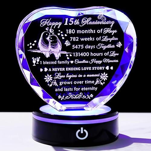 YWHL 15th Wedding Anniversary Crystal Heart Gifts for Couples with LED Base - 15th Anniversary Gifts For Wife
