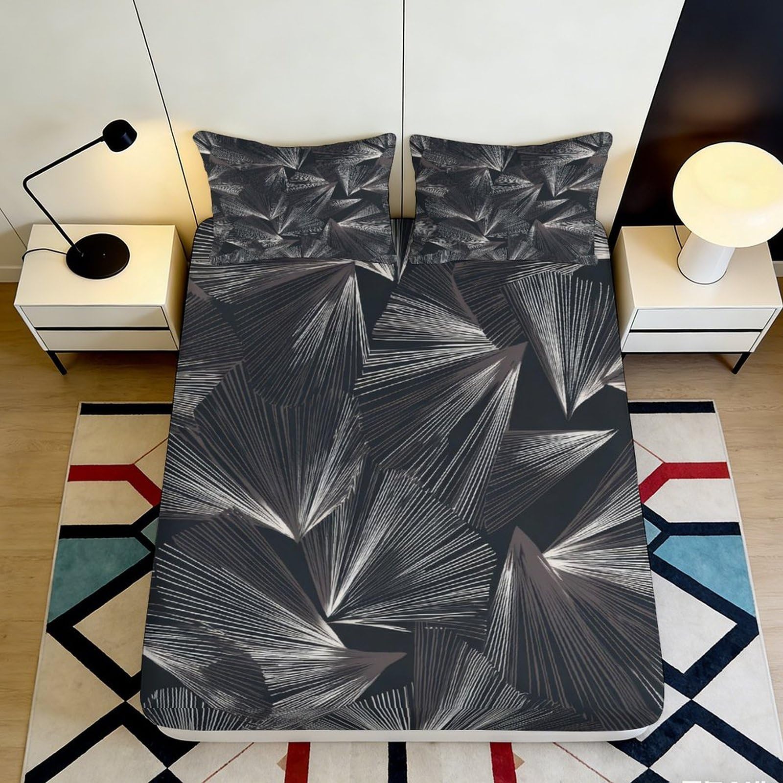 3D Printed Abstract Geometric Fitted Sheet Microfiber Black Pattern Mattress Cover for Bedroom Guest Room Decor 90x200x25cm