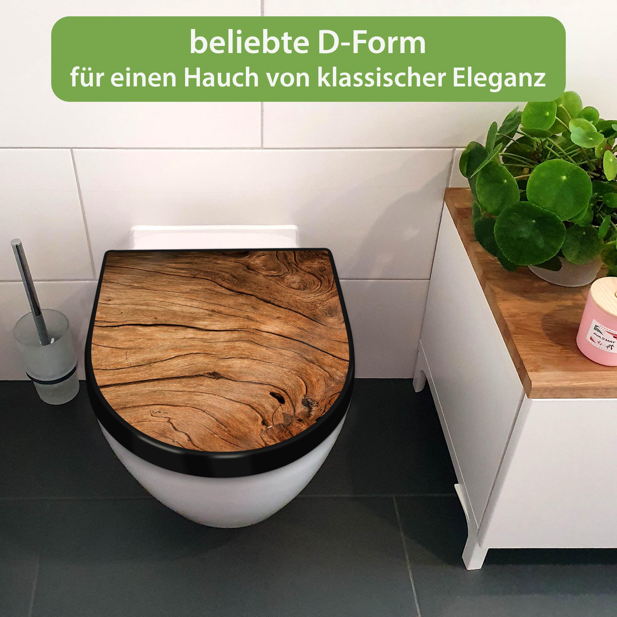 banjado WC Sitz mit Absenkautomatik D Form - Toilettendeckel mit Absenkautomatik D Form - Klodeckel Softclose - stabile Klobrille - Toilettensitz Schwarz - Motiv Trockenes Holz