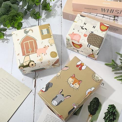 Miniatura 4 de AnyDesign - 12 hojas de papel de regalo con temática de animales de granja, papel de regalo plegado a granel, plano retro, caricatura, papel de