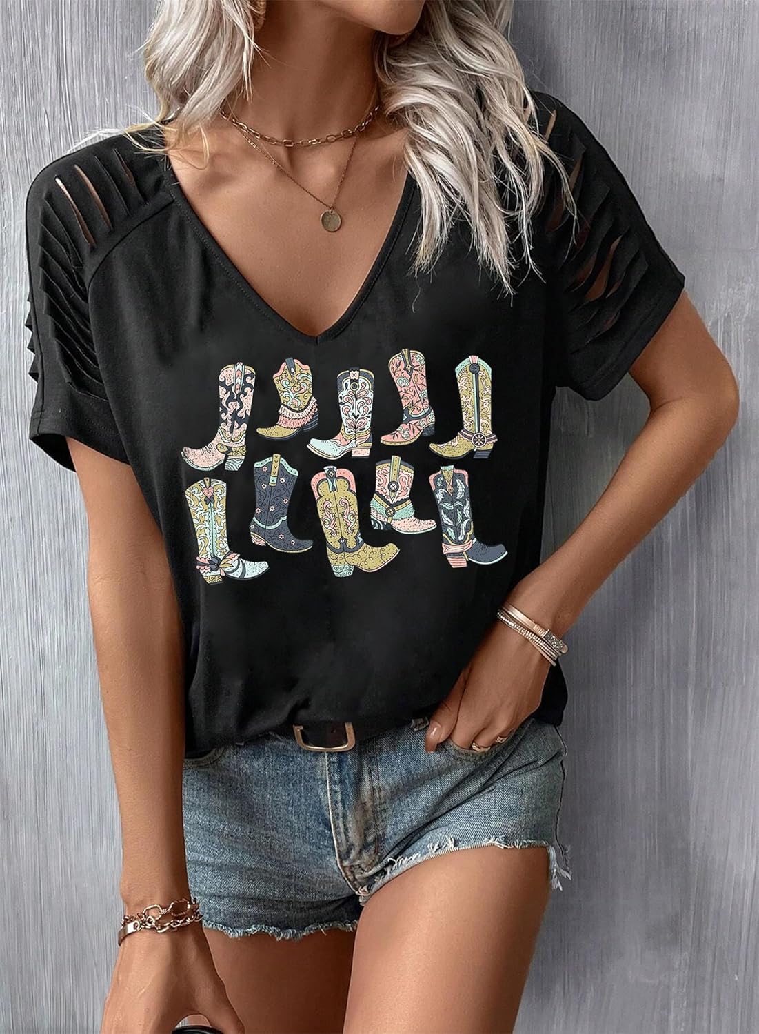 Womens Cut Out Cold Shoulder T Shirts Boho Floral Graphic Tshirts Nashville Country Lacerated Sleeve Cowgirls Tee Tops - Image 2