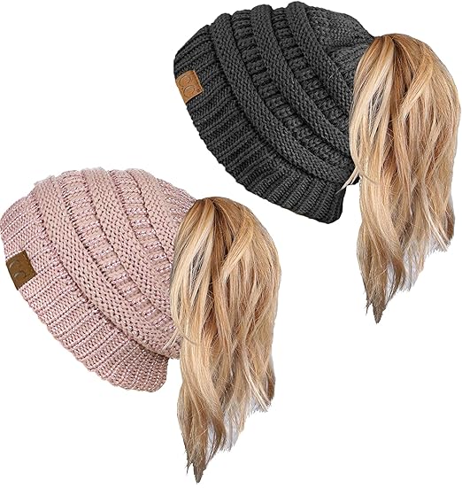 Funky Junque Ponytail Messy Bun BeanieTail Womens Beanie Solid Ribbed Hat Cap
