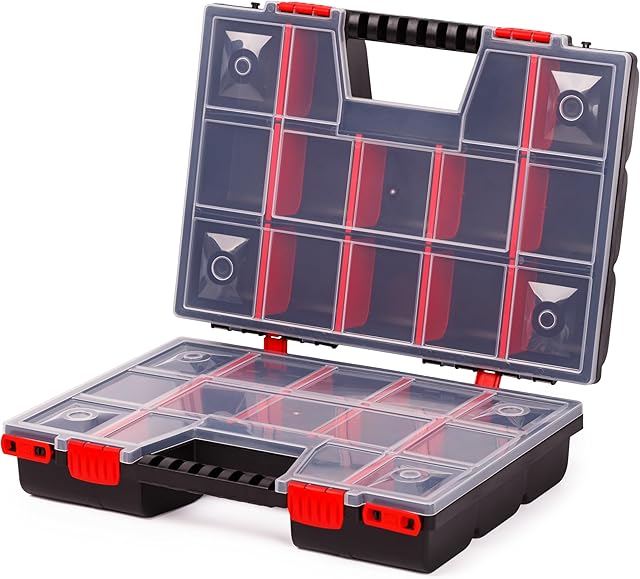Mivos Dwustronna skrzynka asortymentowa 390 x 290 x 130 mm z 30 regulowanymi przegródkami  2-stronna skrzynka do sortowania małych części  pudełko na akcesoria  stabilna skrzynka narzędziowa do