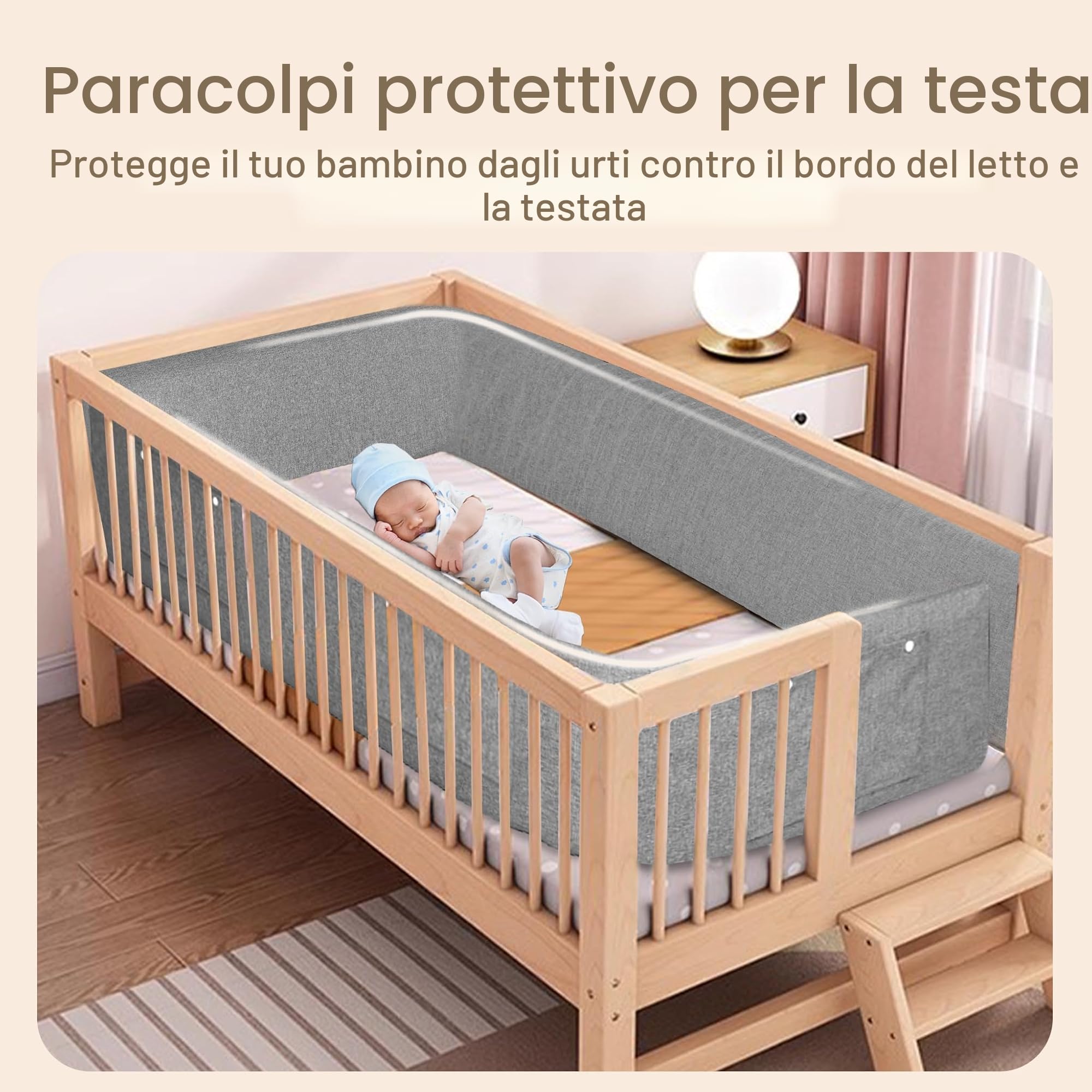 LARS360 Griglia di protezione del letto, 180 cm, per bambini, regolabile in altezza, con chiusura lampo e bottoni a pressione, accessorio portatile per lettino (lino grigio)