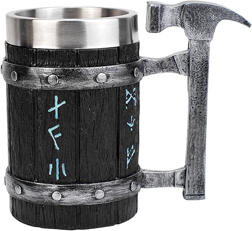 KTOTKMOTA Nordic - Taza de martillo de runa vikinga acero inoxidable revestimiento de resina para cerveza jarra de tanque de cerveza decoración